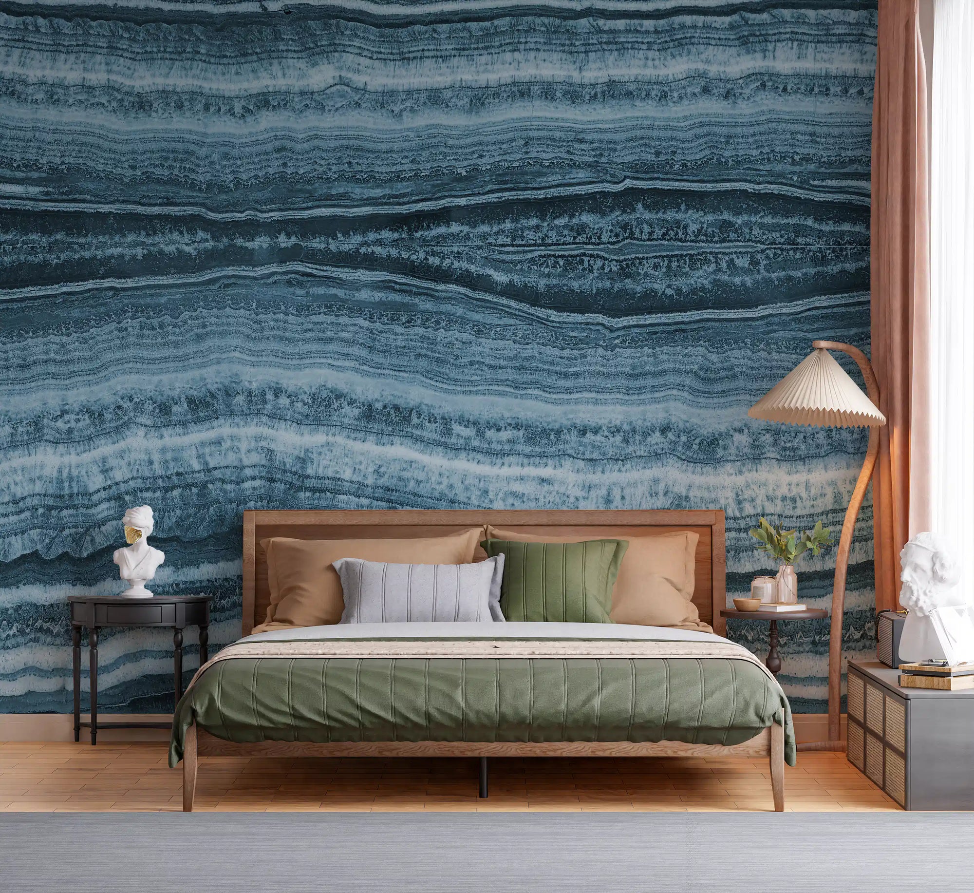 Bedroom feature wall mural with deep azure marble bands 