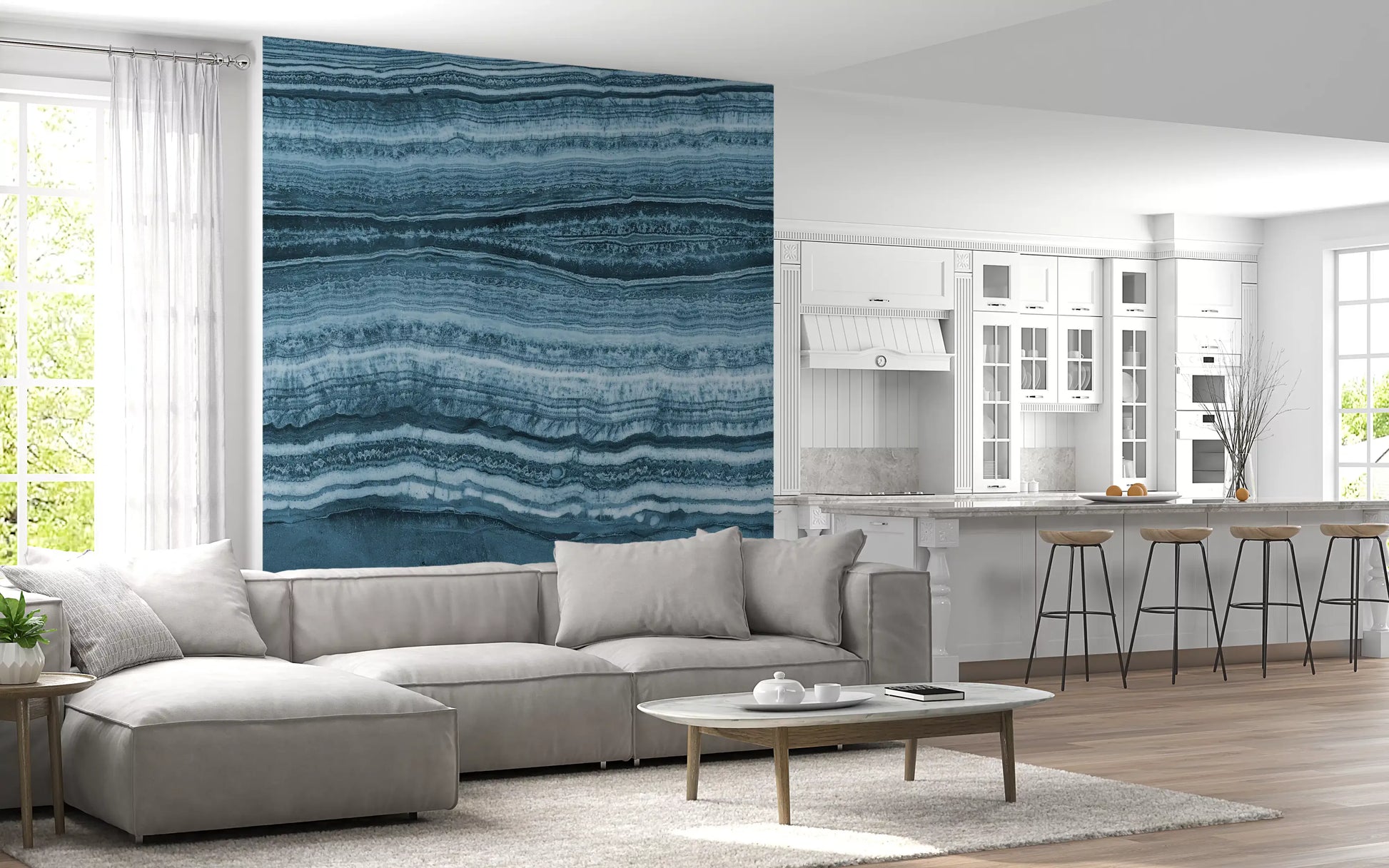 Living and kitchen area setup paired with the Deep Azure Strata wall mural 