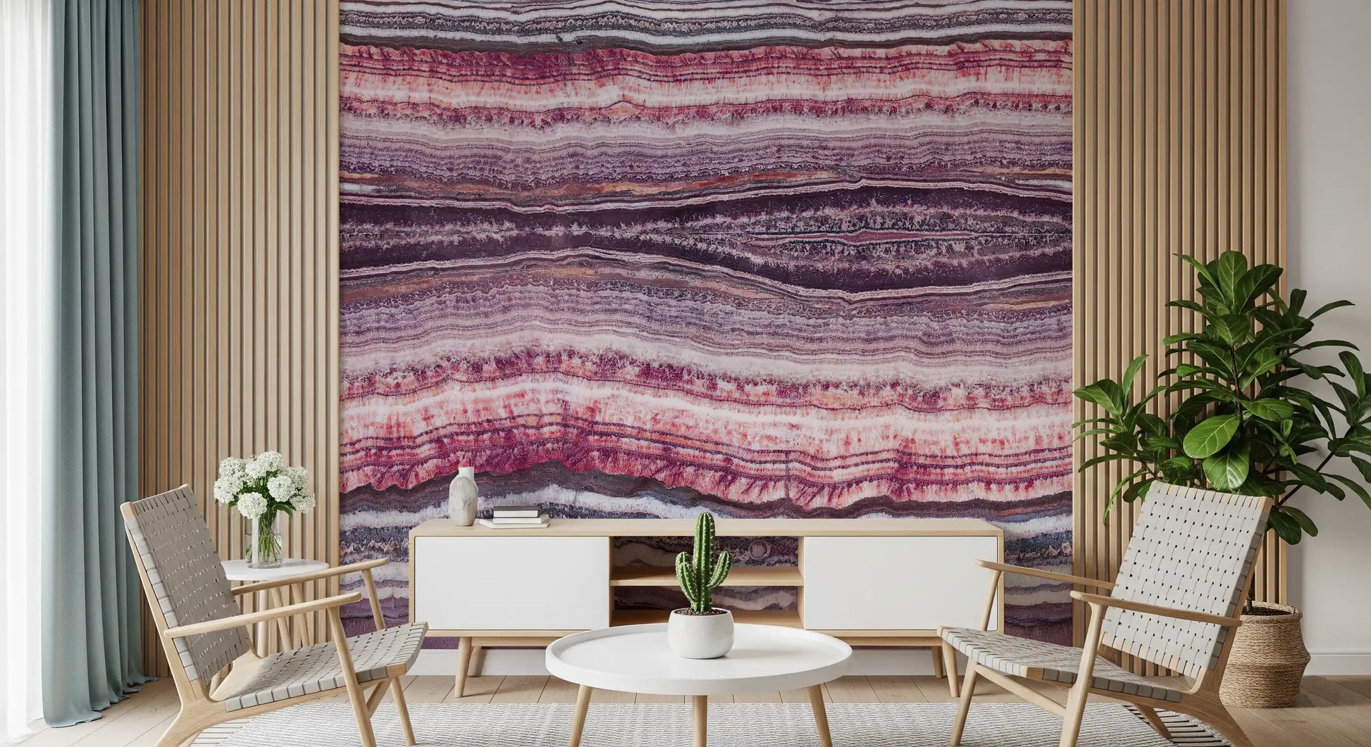 Wide mineral span the living room in the Crimson & Amethyst Strata wall mural.