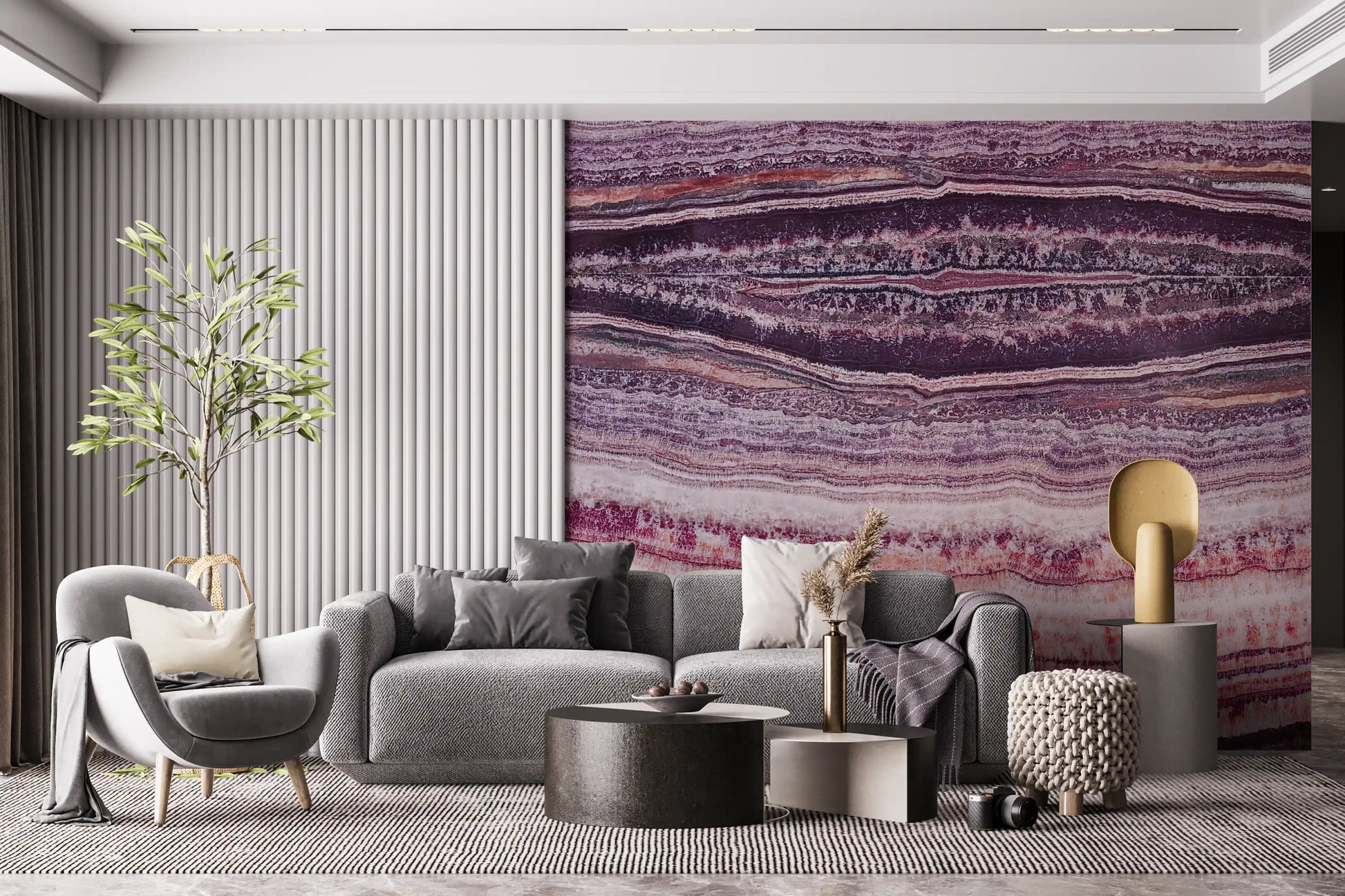 Plum, crimson and mauve layers fill a lounge styled with the Strata wall mural.