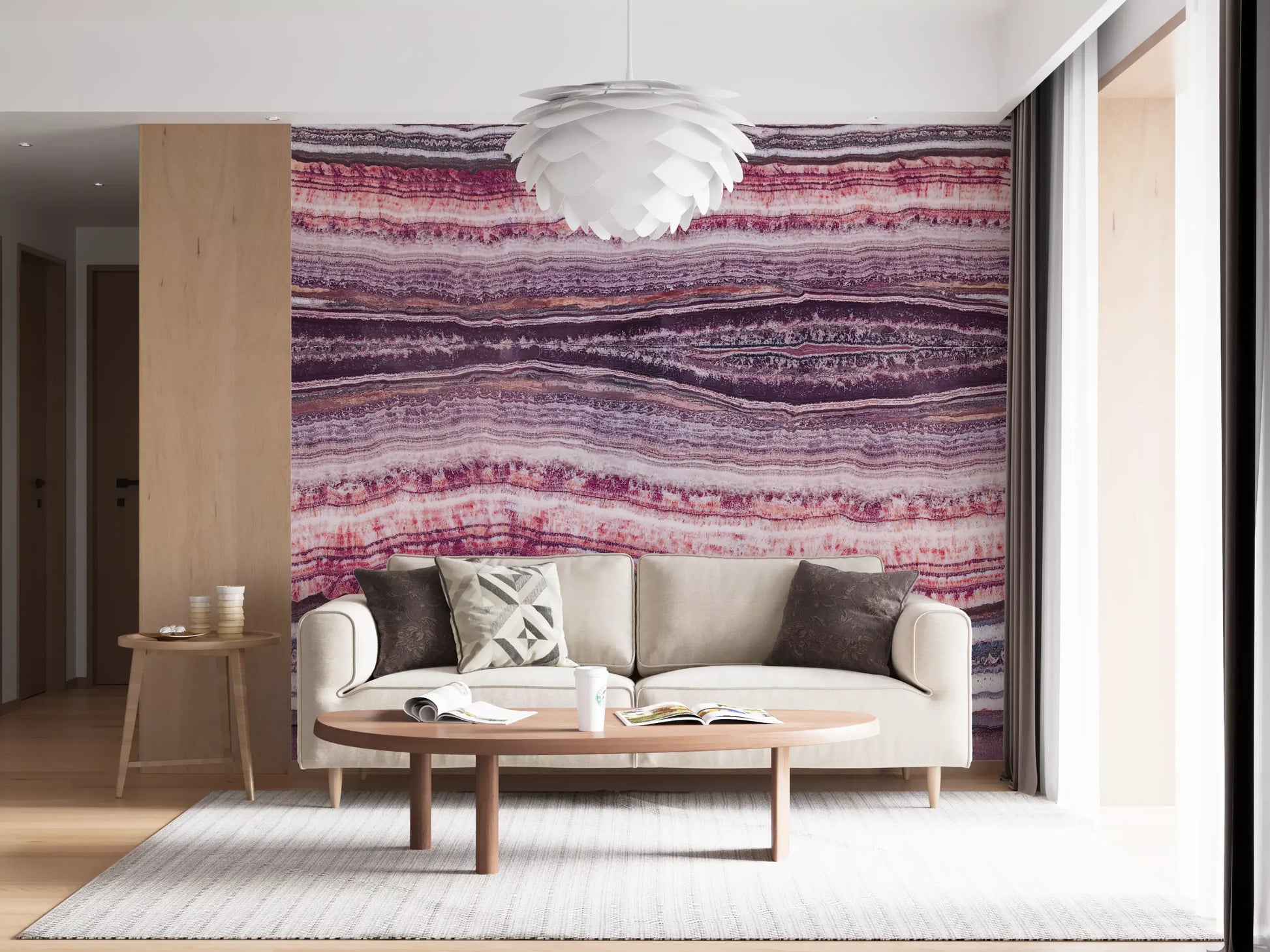 Fine horizontal veining ripples the Crimson & Amethyst Strata wall mural.