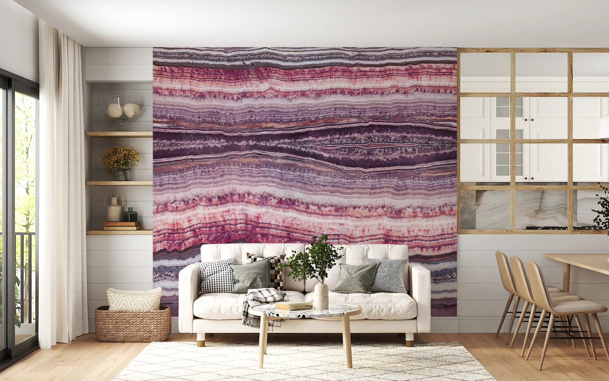 Rippled mineral veining adds depth to the Strata wall mural in a Living room.