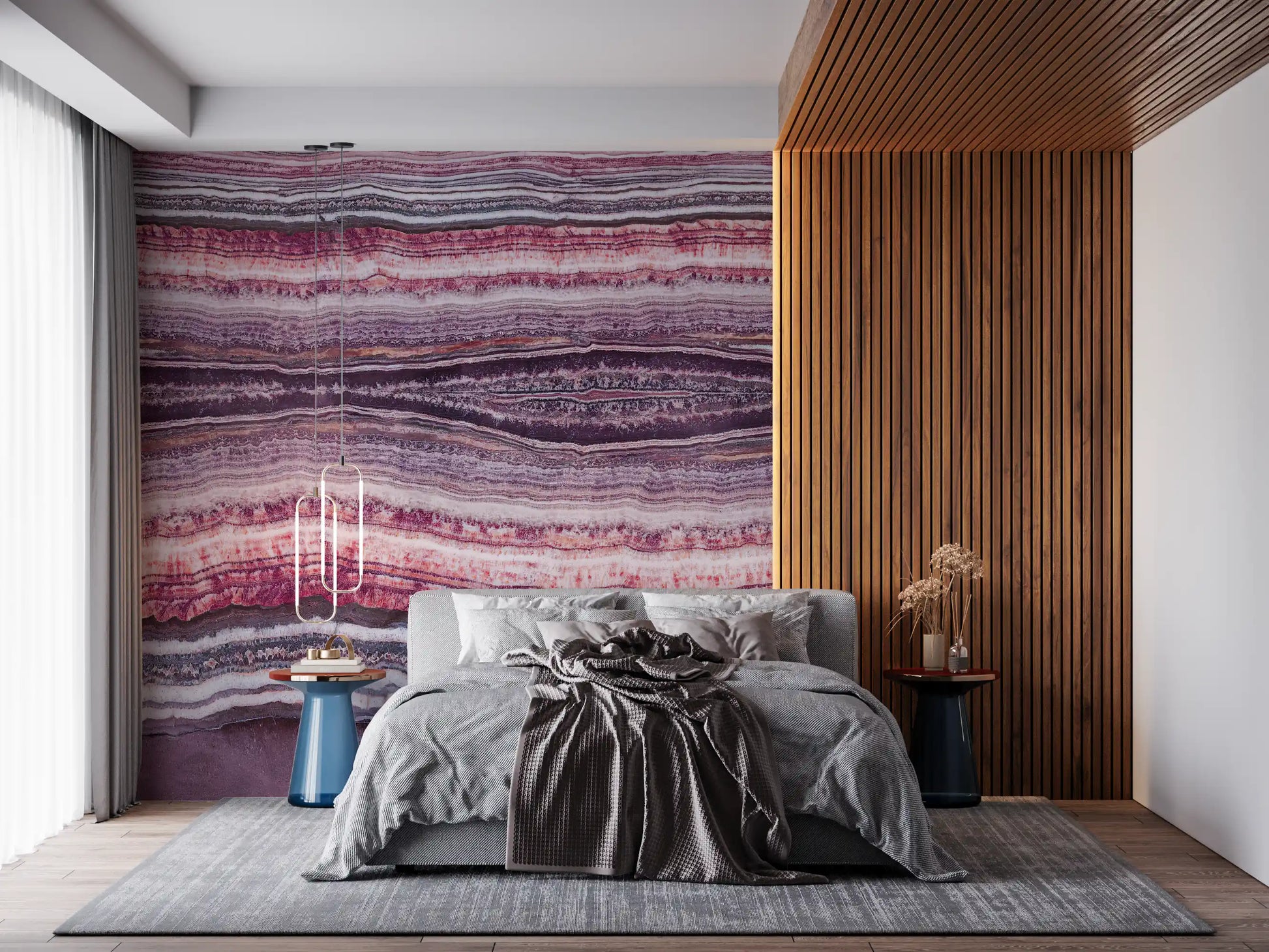 Set against a Bedroom, the Crimson & Amethyst Strata wall mural