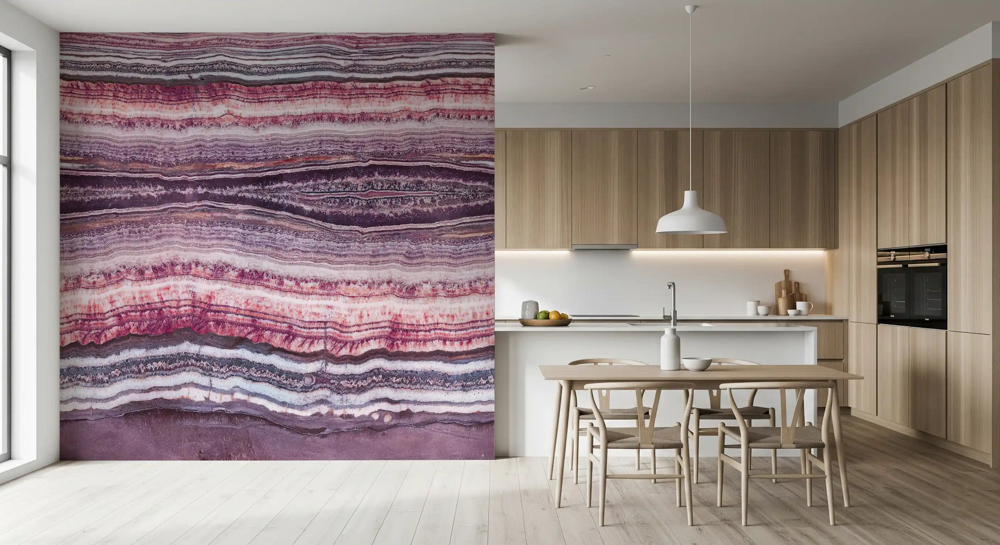 Each layer shifts tone, building a deep banded stone surface in the wall mural.
