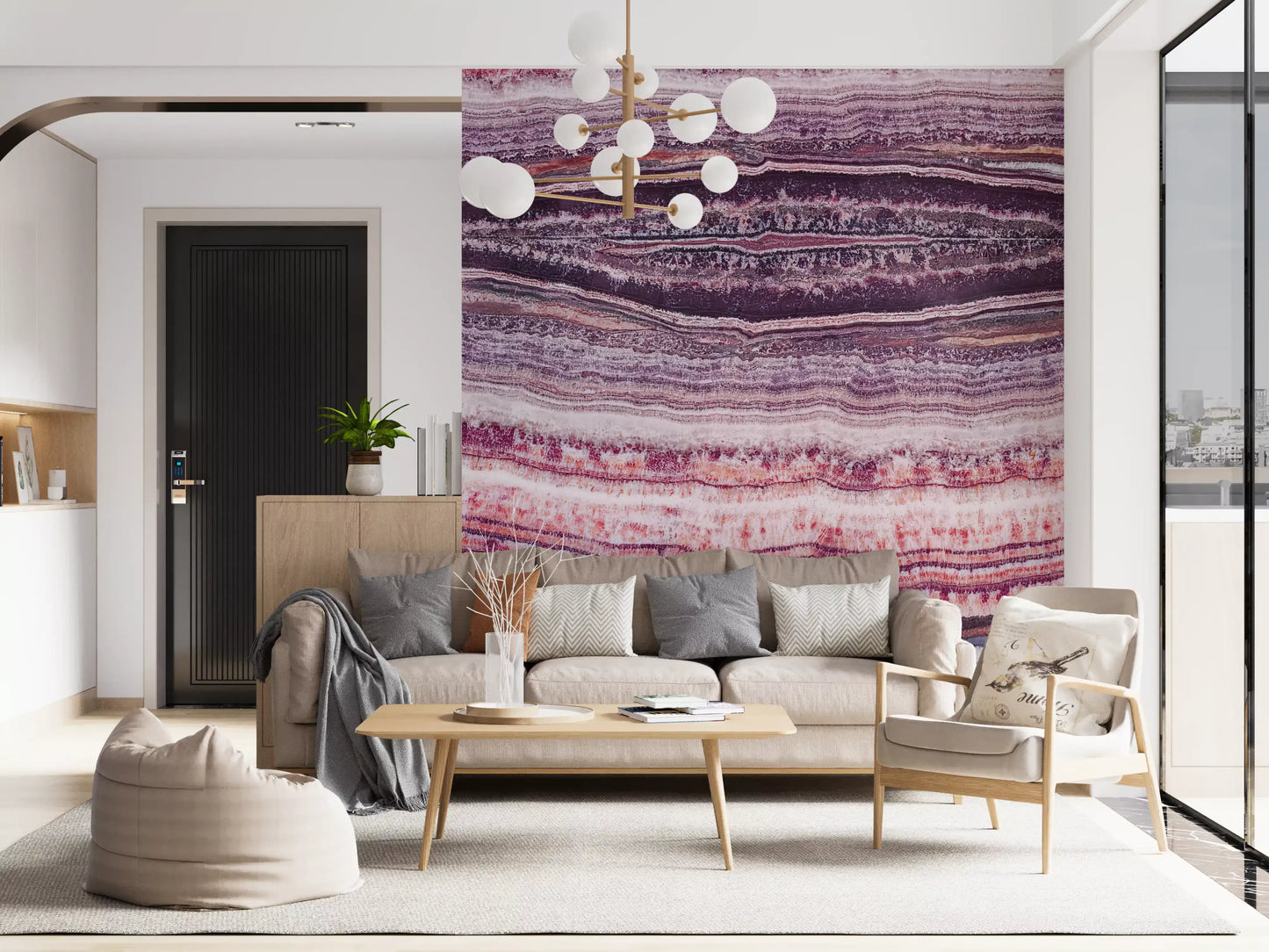 Ribbons of colour flow side to side, giving the Strata wall mural real movement.