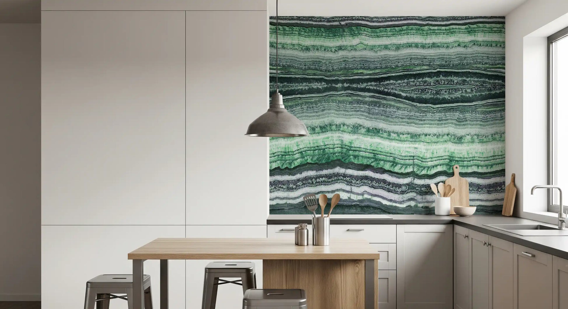 Mineral layering in green, white and charcoal across the wall mural surface.