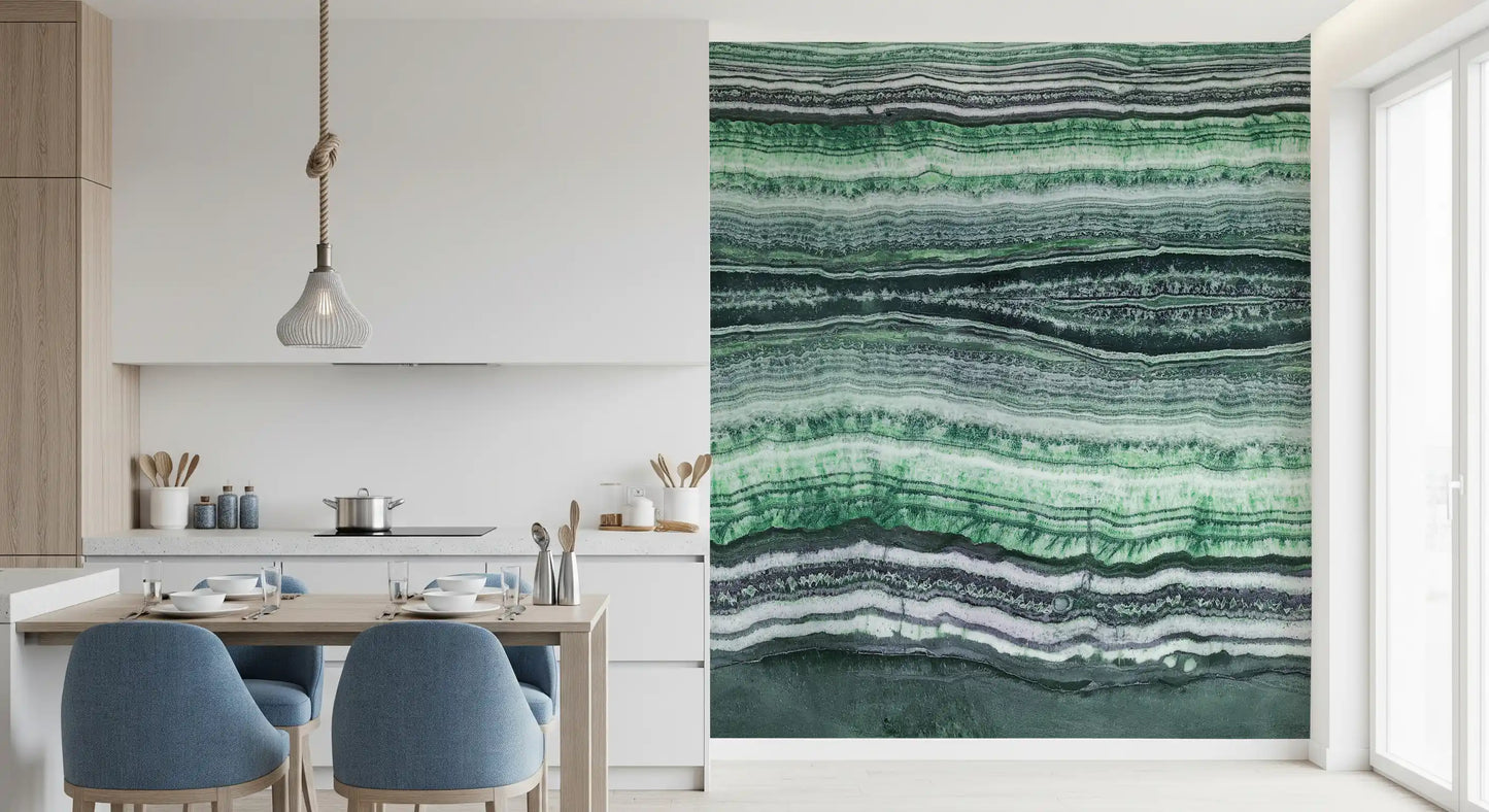 Horizontal emerald and ivory bands flow across the Jade Veins wall mural.