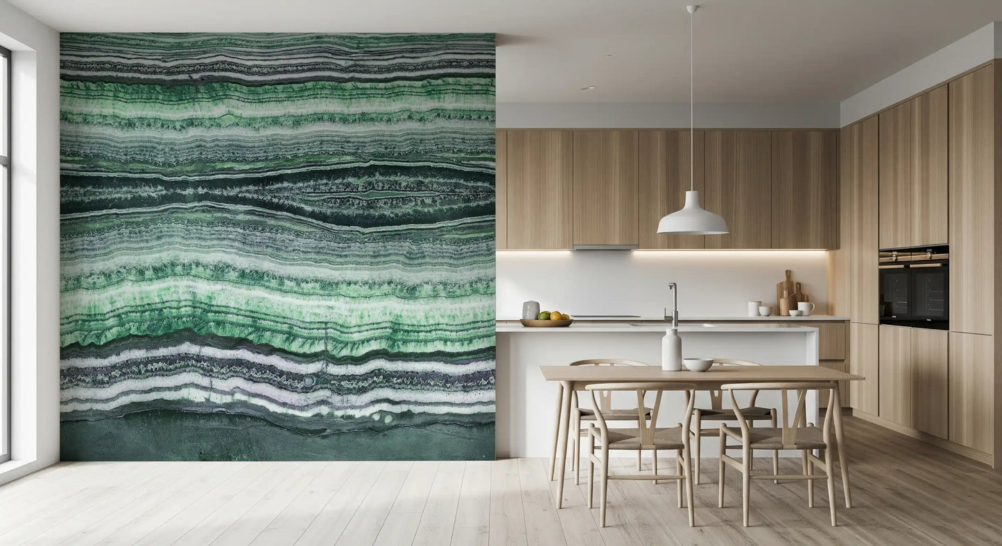 Thin pale seams break up deeper veins in this green marble wall mural.