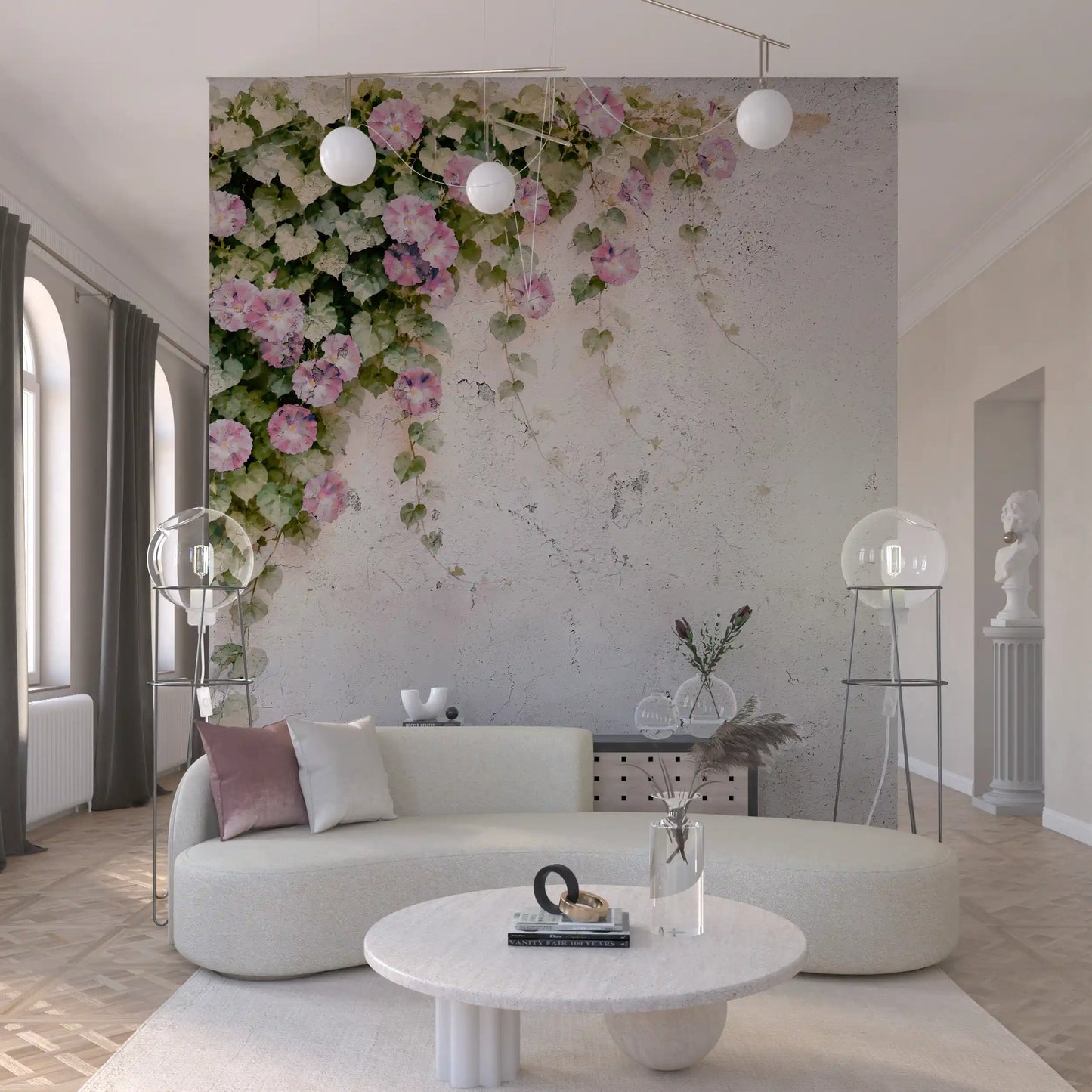 Trailing vine cluster fills one corner of the Blush Vines Rustic Charm wall mural