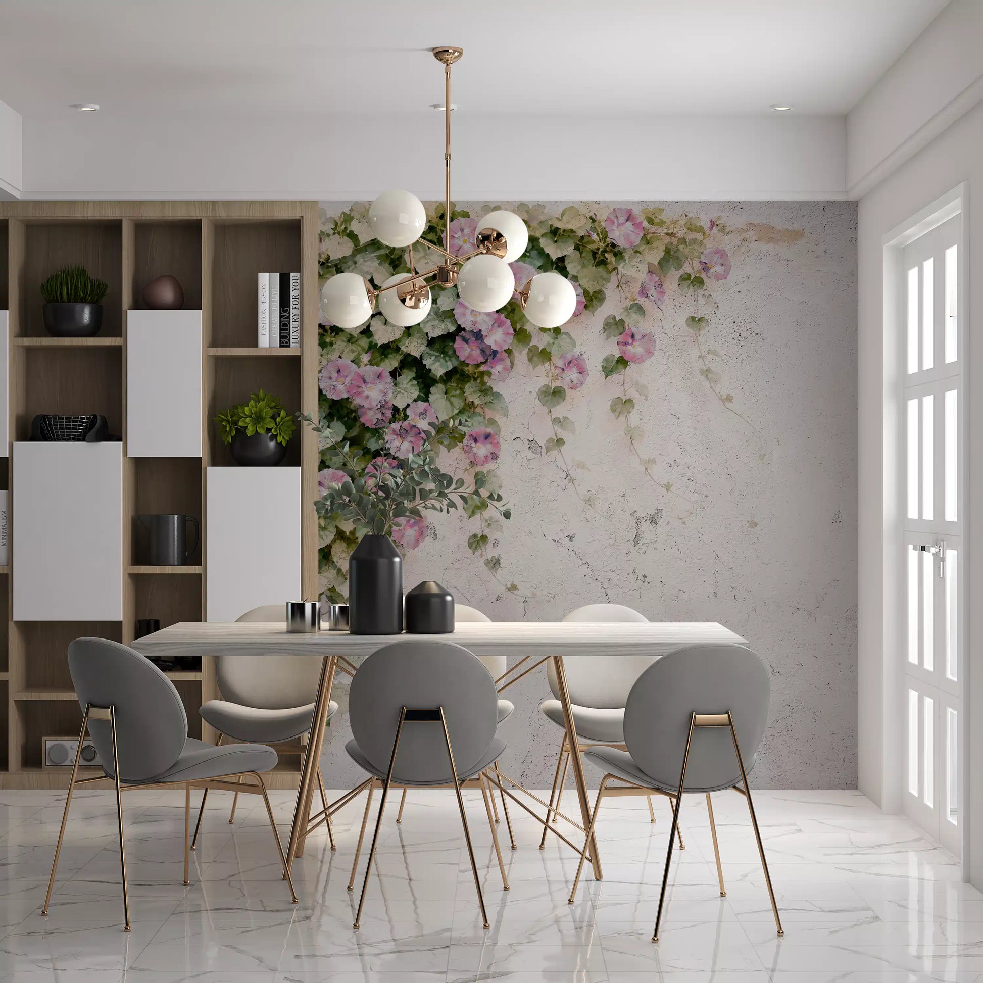 Dining room corner gains a soft floral cascade through this Blush Vines wall mural