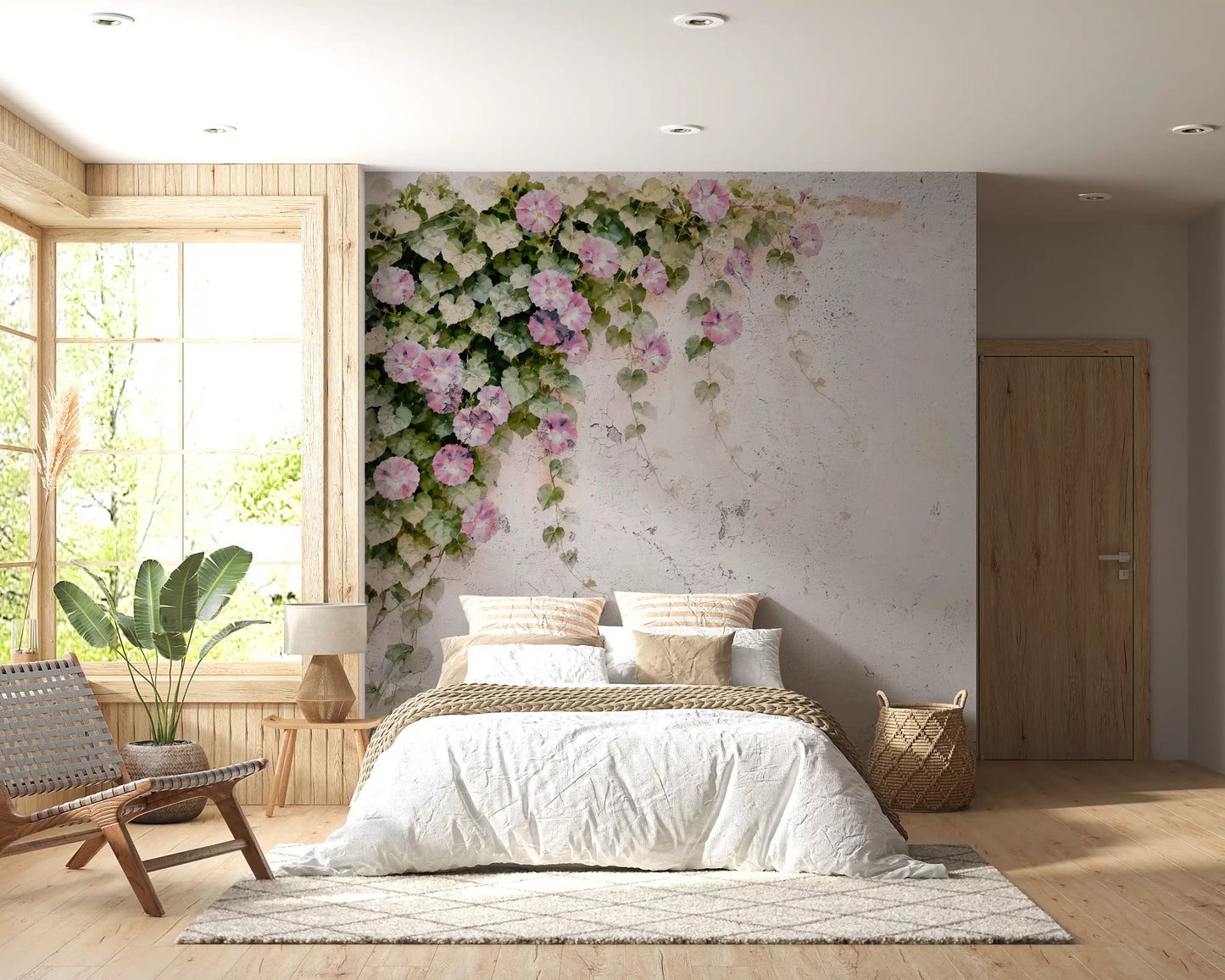 Bedroom area carries climbing vines along this Rustic Charm wall mural