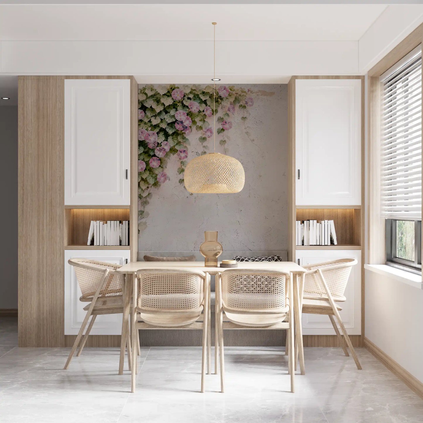 Heart-shaped green leaves drift across aged cream plaster in this floral wall mural