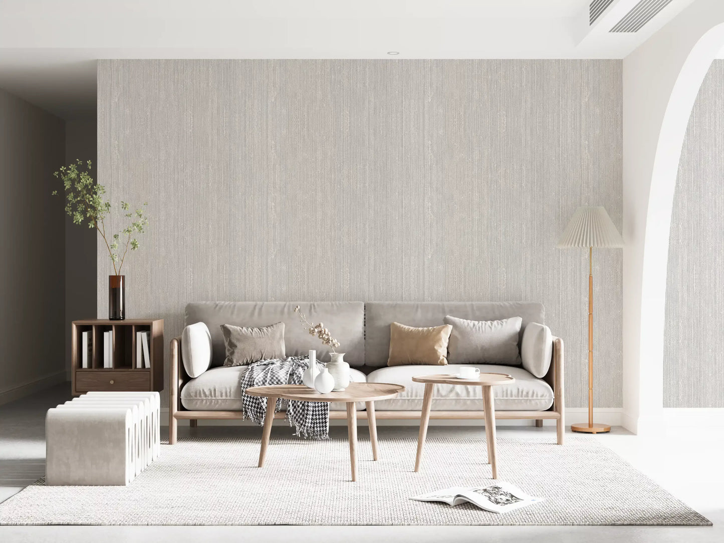 Neutral wash from the Vertical Linen Serenity Wallpaper out a living room