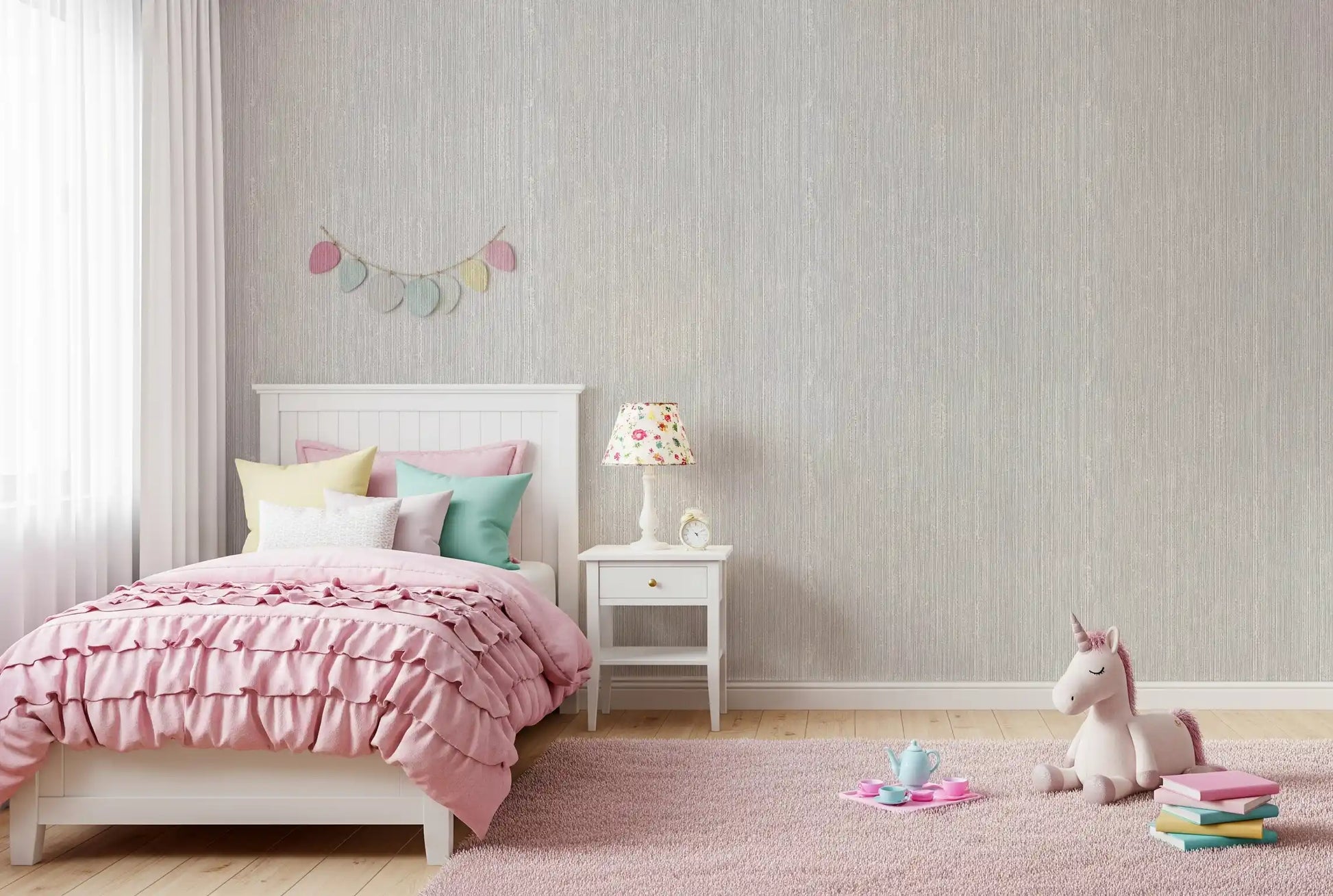 Pink kids' room with Linen Serenity wallpaper for a calm neutral 