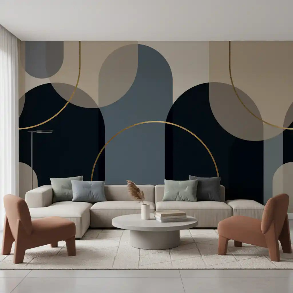 Living room sofa setup framed by the Midnight & Gold Flow wall mural backdro