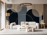 Beige and taupe panels the deep navy circles on this Abstract Arches wall mural