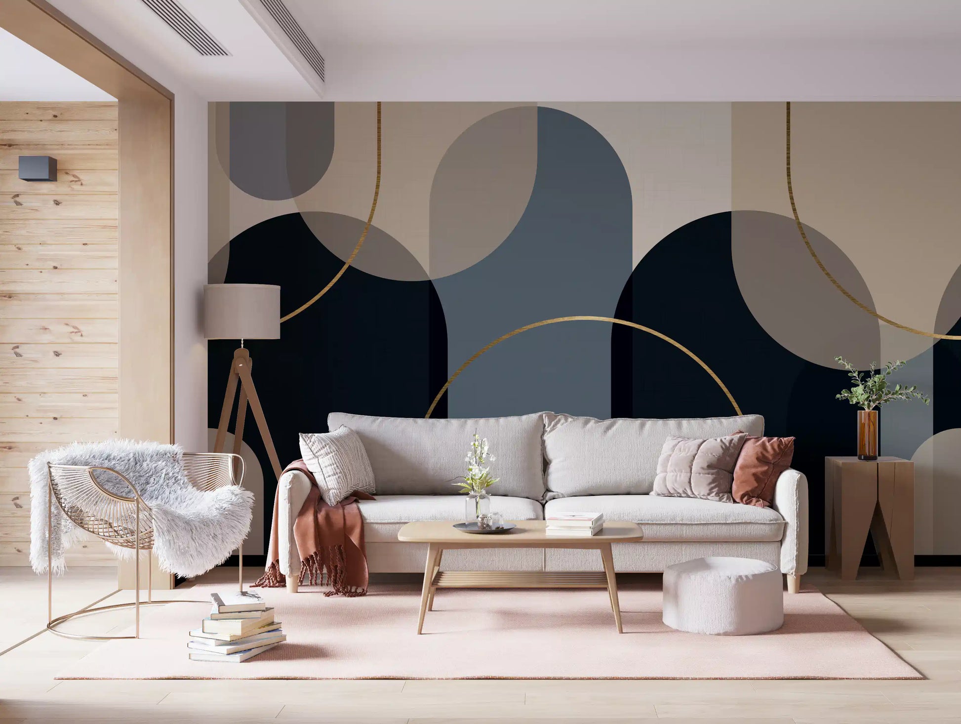 Lounge corner with armchairs paired beside the Midnight Gold arches wall mural