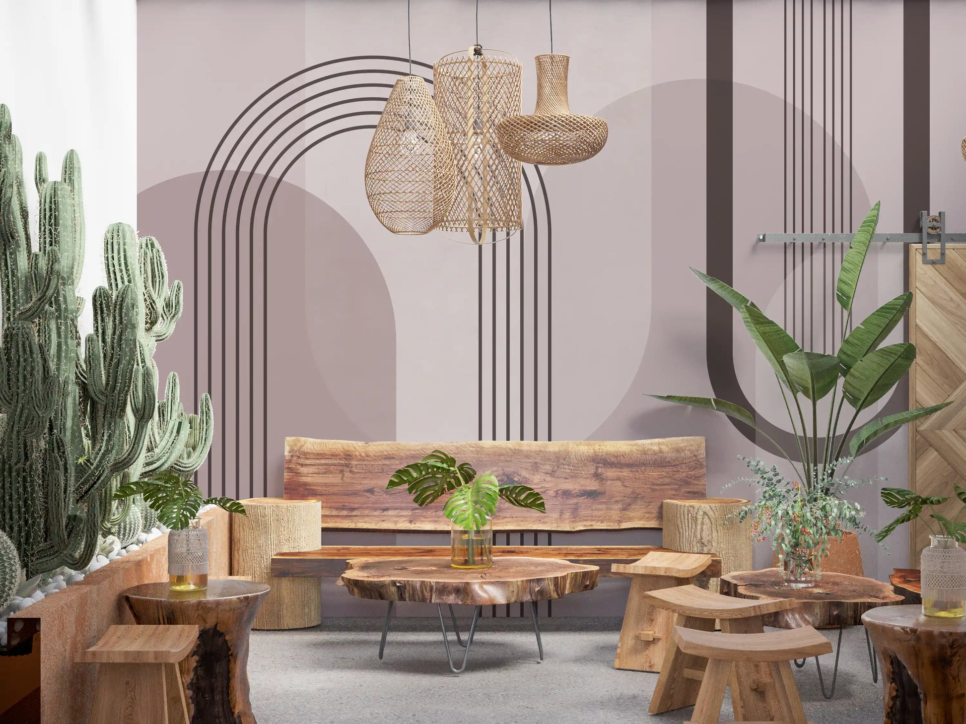 Dinign area dressed with the mauve arch and circle wall mural for a graphic backdrop