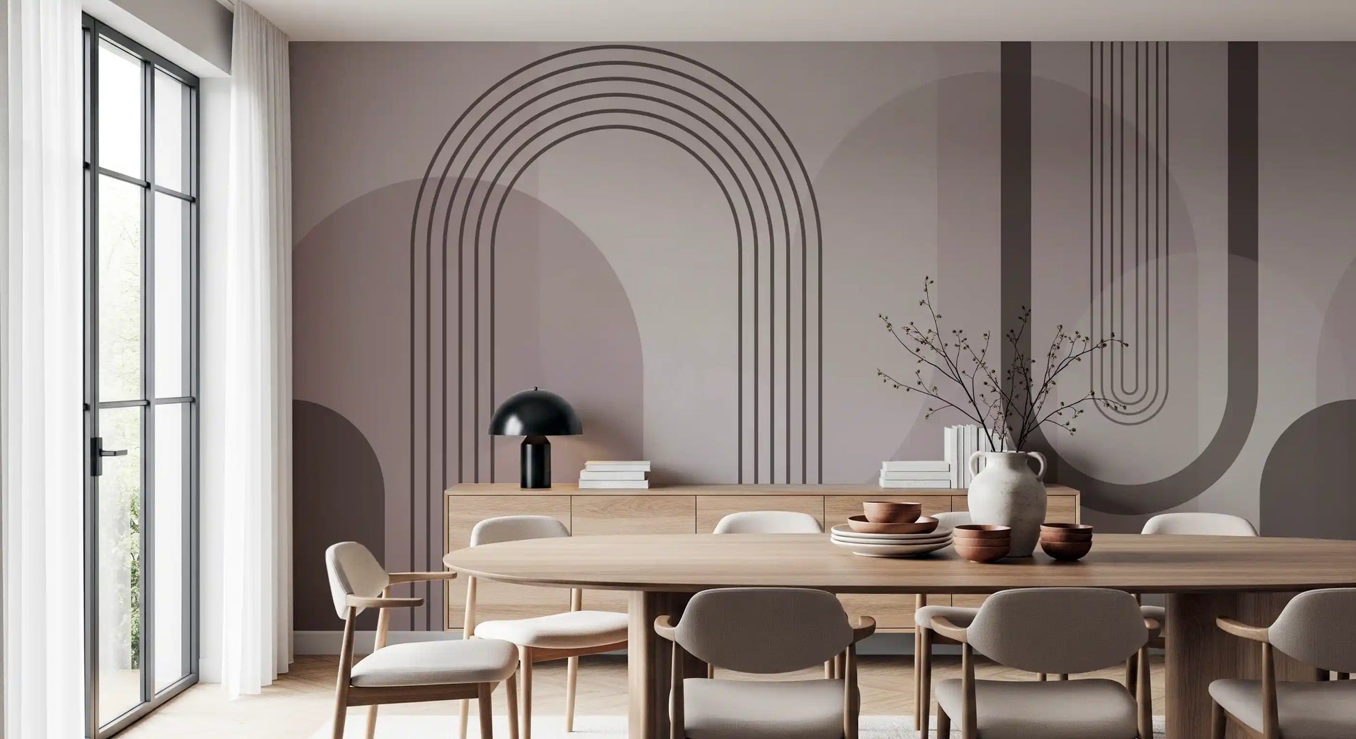 Living room  backed by the Geometric Harmony wall mural in mid-century mood