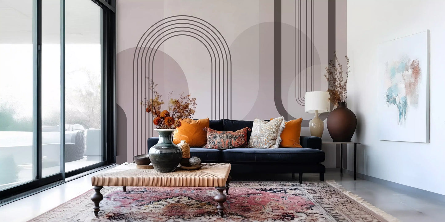 Plum, blush and taupe blocks sit behind slim linework on this mauve wall mural