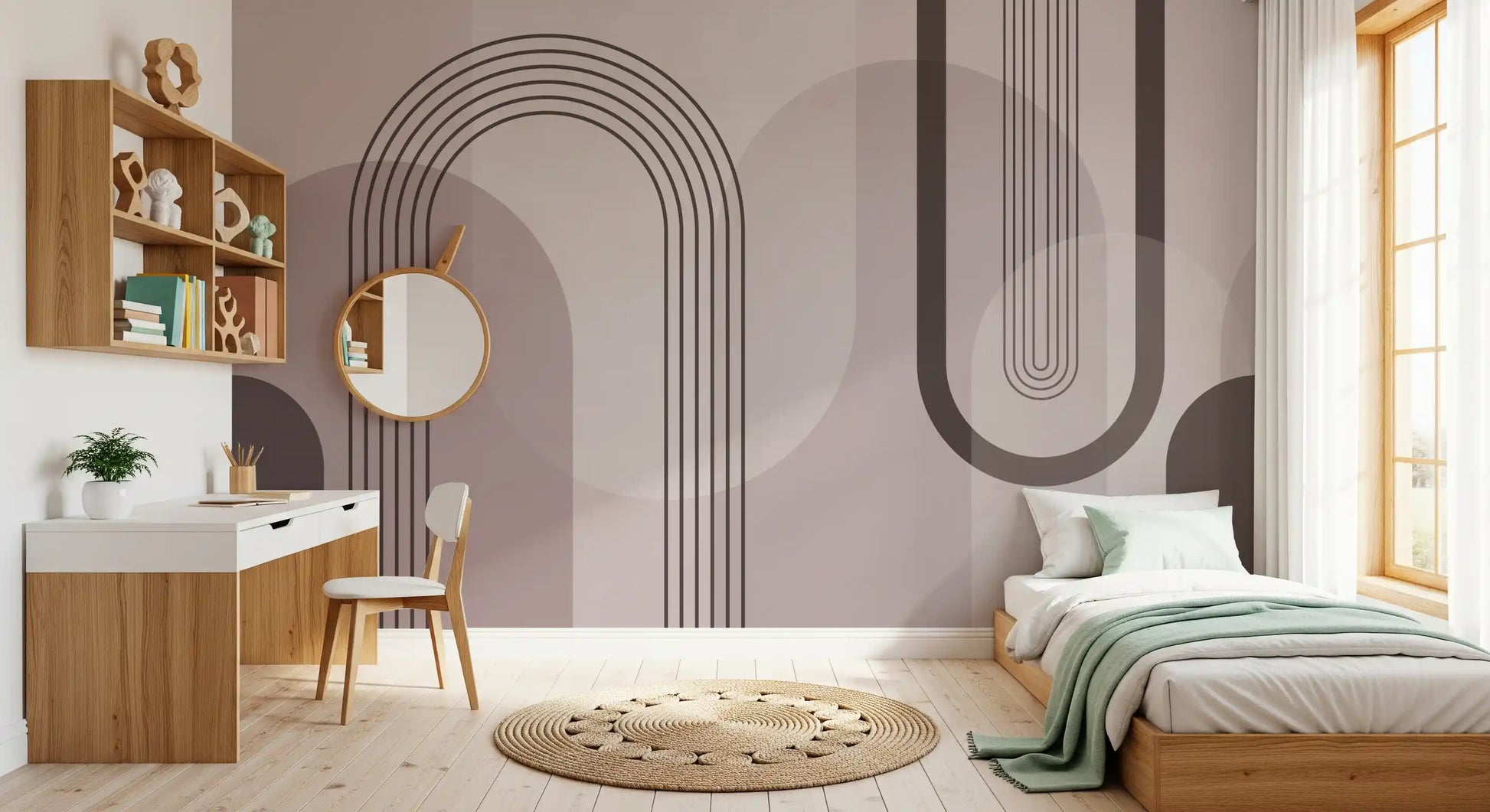 Mauve arches and circles on the wall mural set the tone of a calm bedroom layout