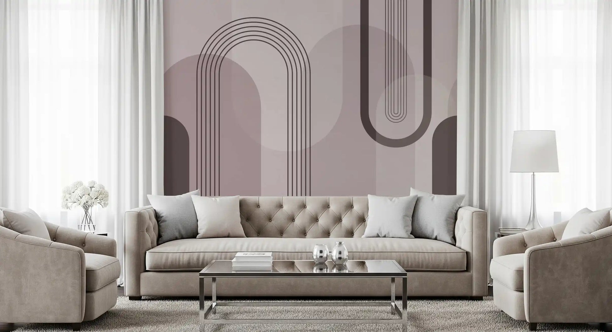 Living room with linework and circle shapes from the Harmony wall mural