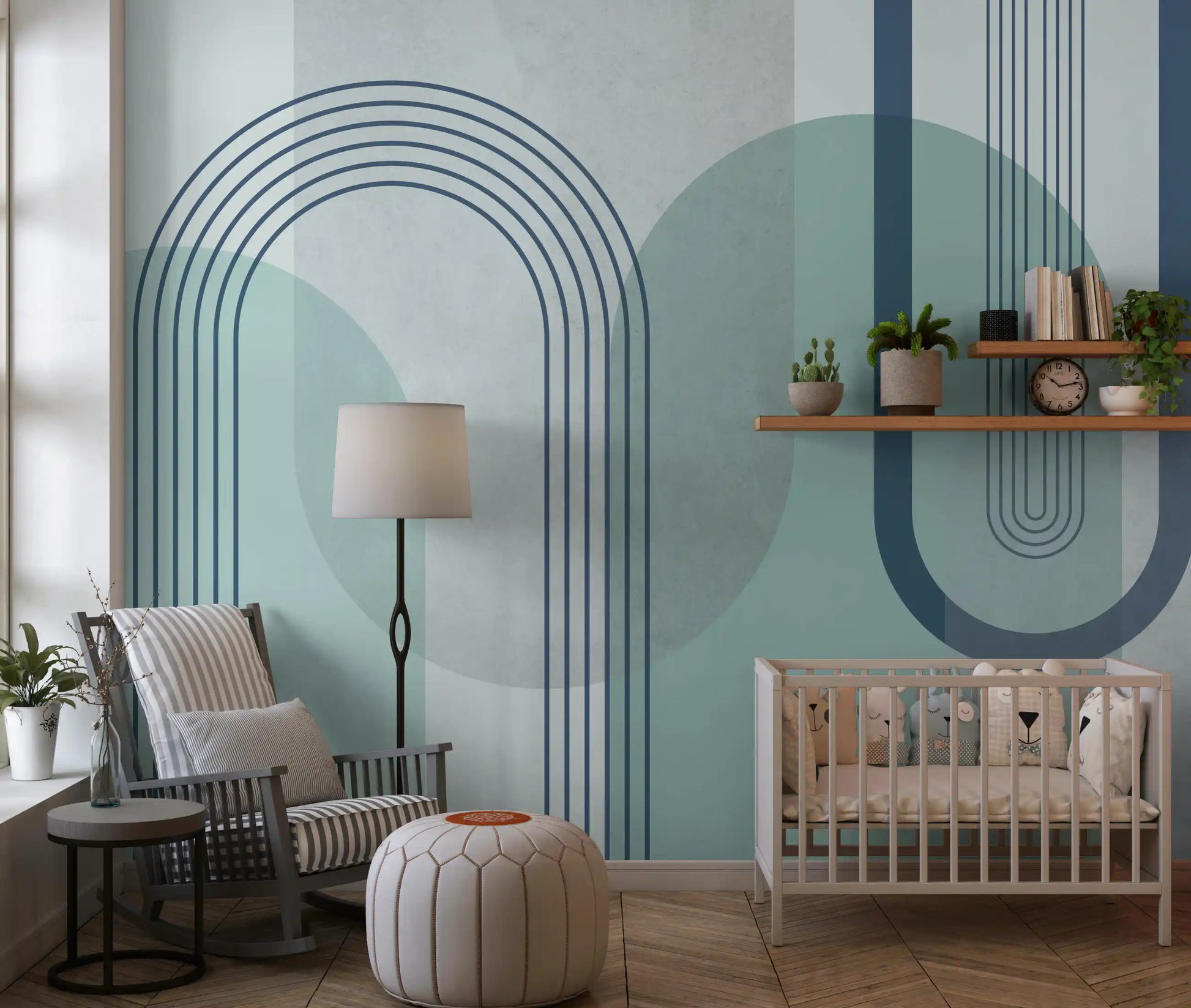 Nursery carrying ribbed vertical groups along a sage and teal wall mural