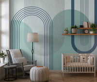 Nursery carrying ribbed vertical groups along a sage and teal wall mural