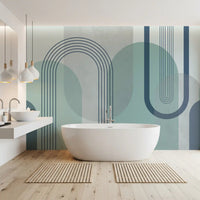 Layered half-circles overlap a concrete-textured Modernist Blue wall mural