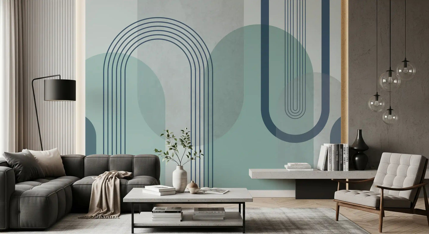 Living room paired with dusty blue forms across this Geometry arches wall mural