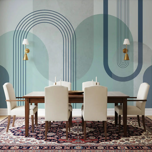 Dining room with arches and sage ovals in the Modernist Blue Geometry wall mural