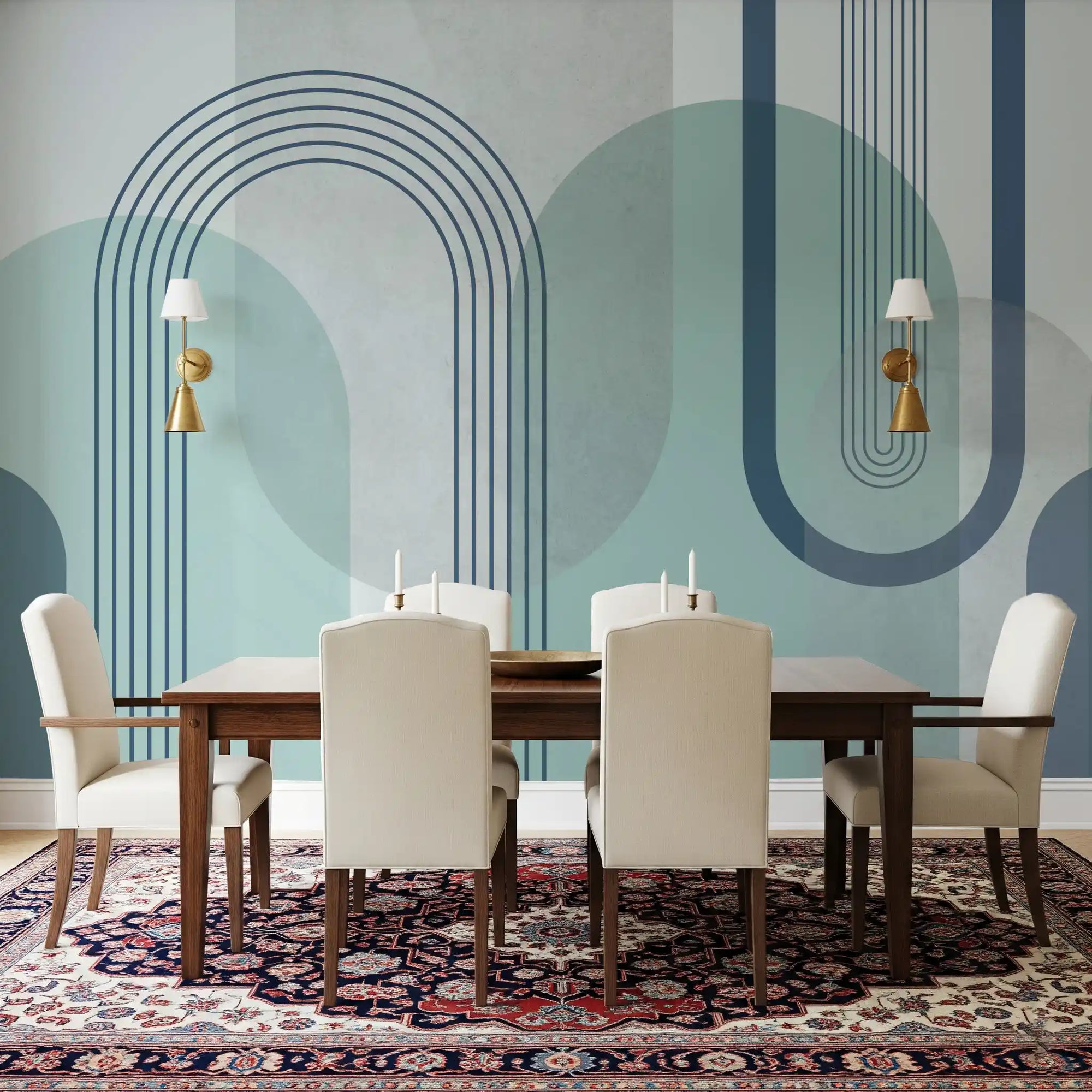 Dining room with arches and sage ovals in the Modernist Blue Geometry wall mural