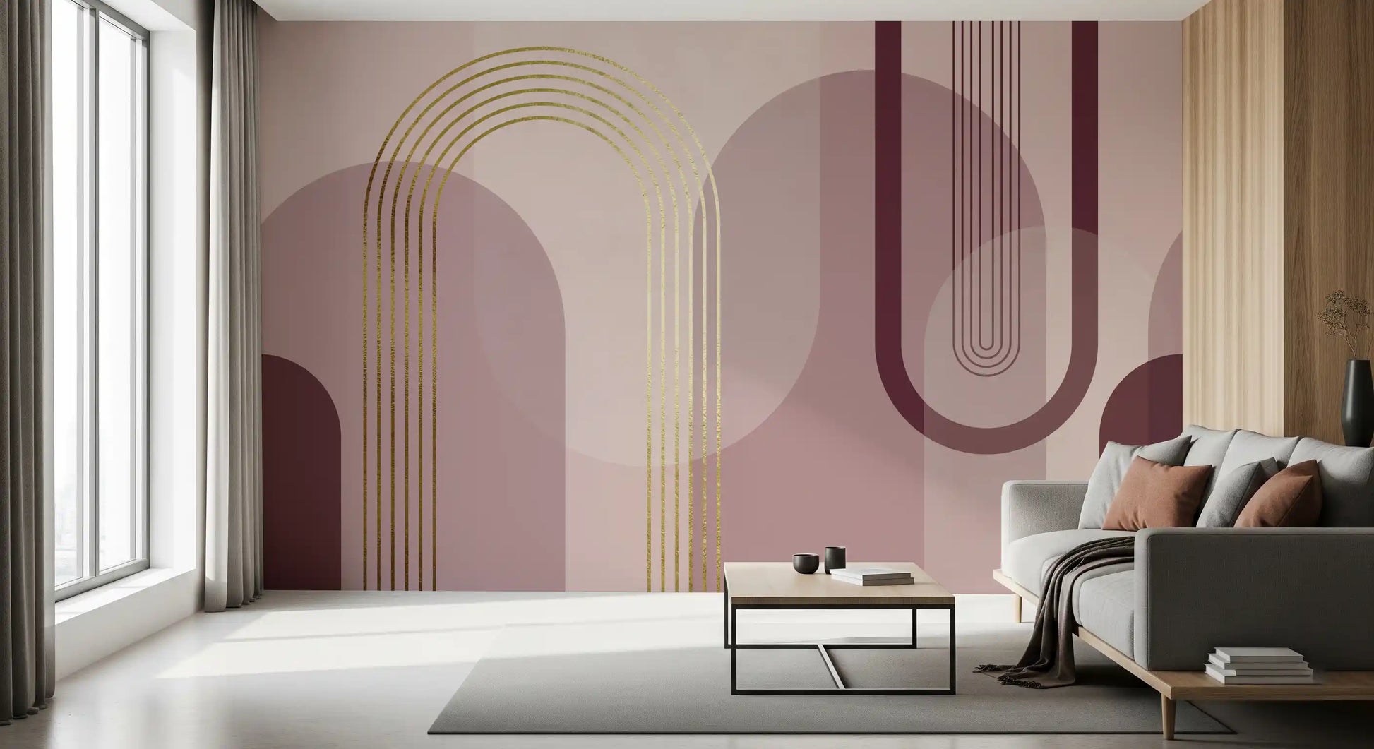 Living room Blush Arch mural featuring gold curves and mauve circular layers