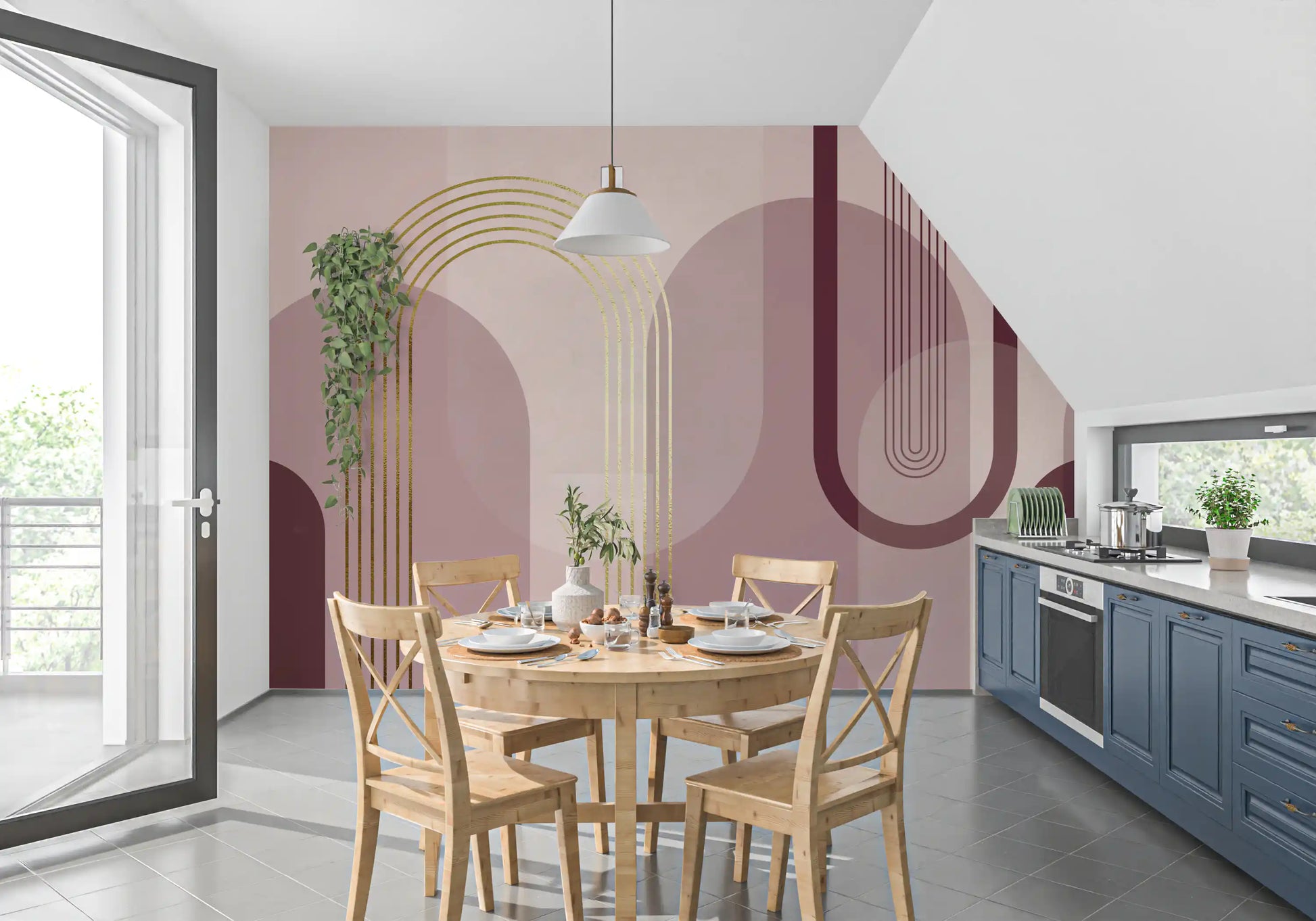 Kitchen area Golden Archway Serenity wall mural with rounded geometric arches