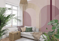 Hallway Golden Serenity mural with art deco lines and burgundy accents