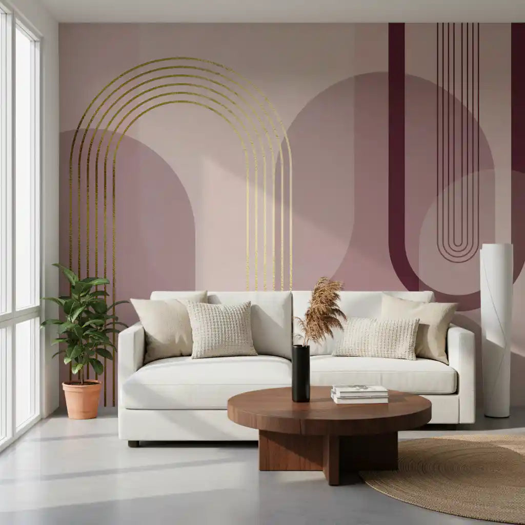 Archway wall mural with soft pink geometry, gold stripes, and curved shapes
