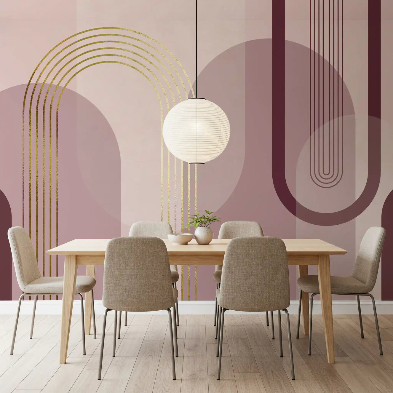 Dining room Golden Archway wall mural with blush panels and gold linework