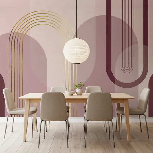 Dining room Golden Archway wall mural with blush panels and gold linework