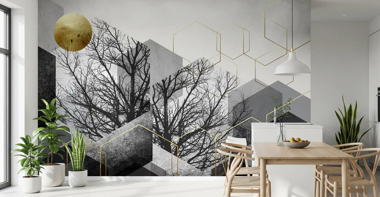 Dining room Gilded Geometry Urban Forest Wall Mural with gold line hexagons