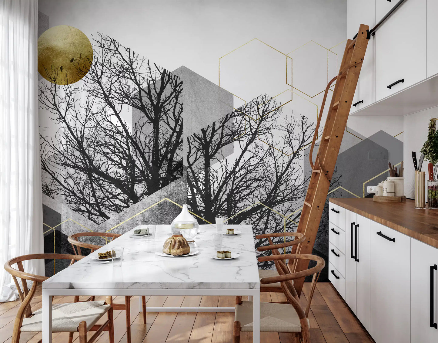 Hallway Gilded Geometry mural with Urban Forest branches and geometric outlines