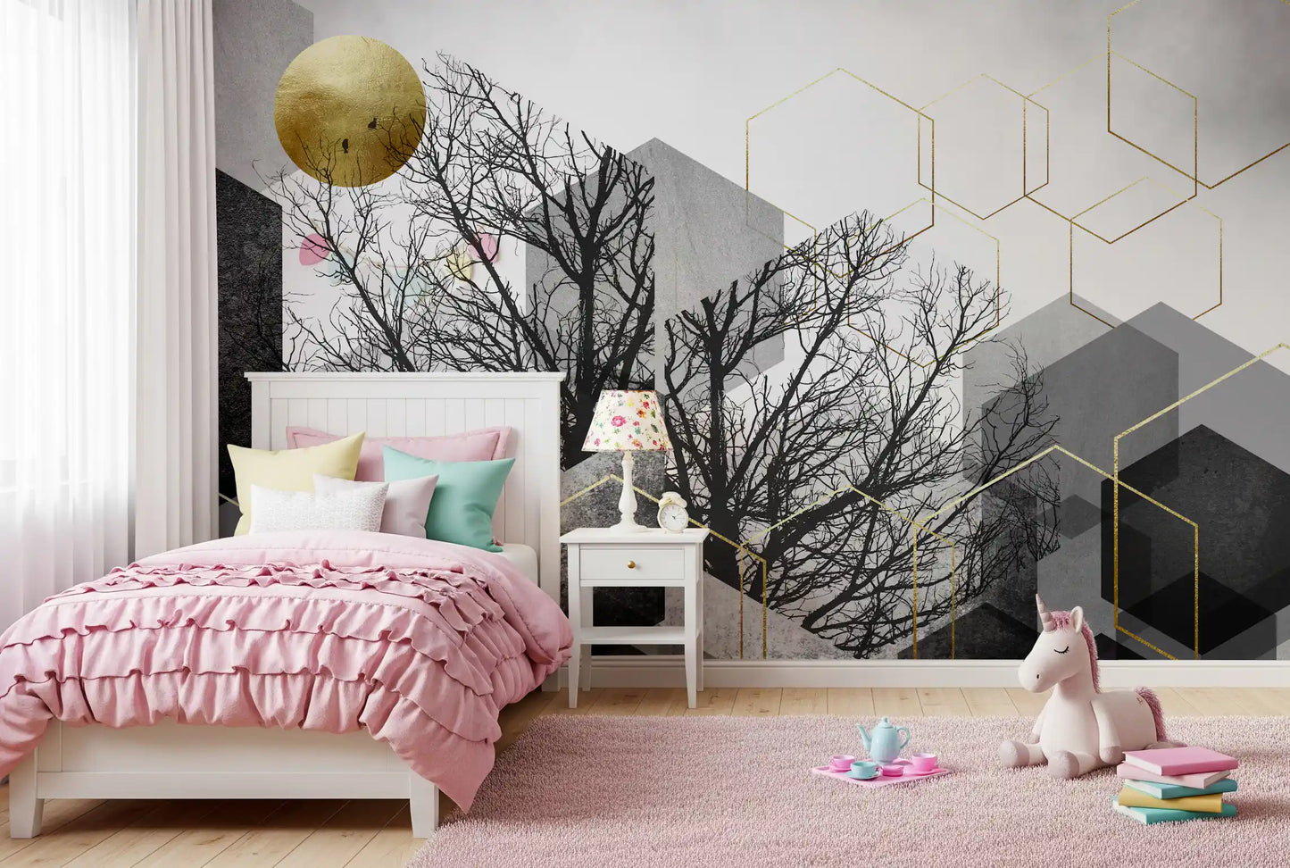 Gilded Geometry wall mural blending Urban Forest silhouettes with layered gold forms