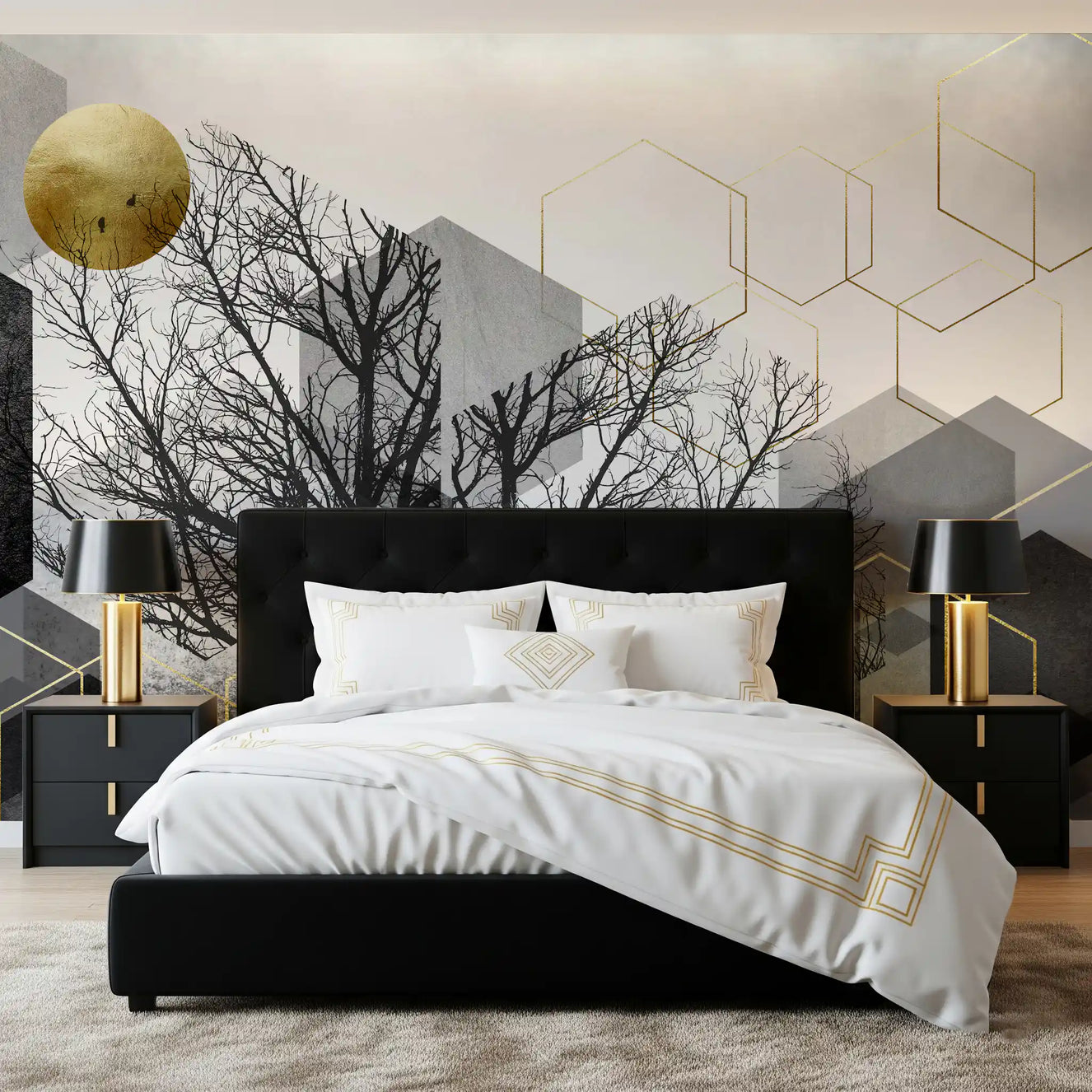 Gilded Geometry: Urban Forest Silhouette Wall Mural