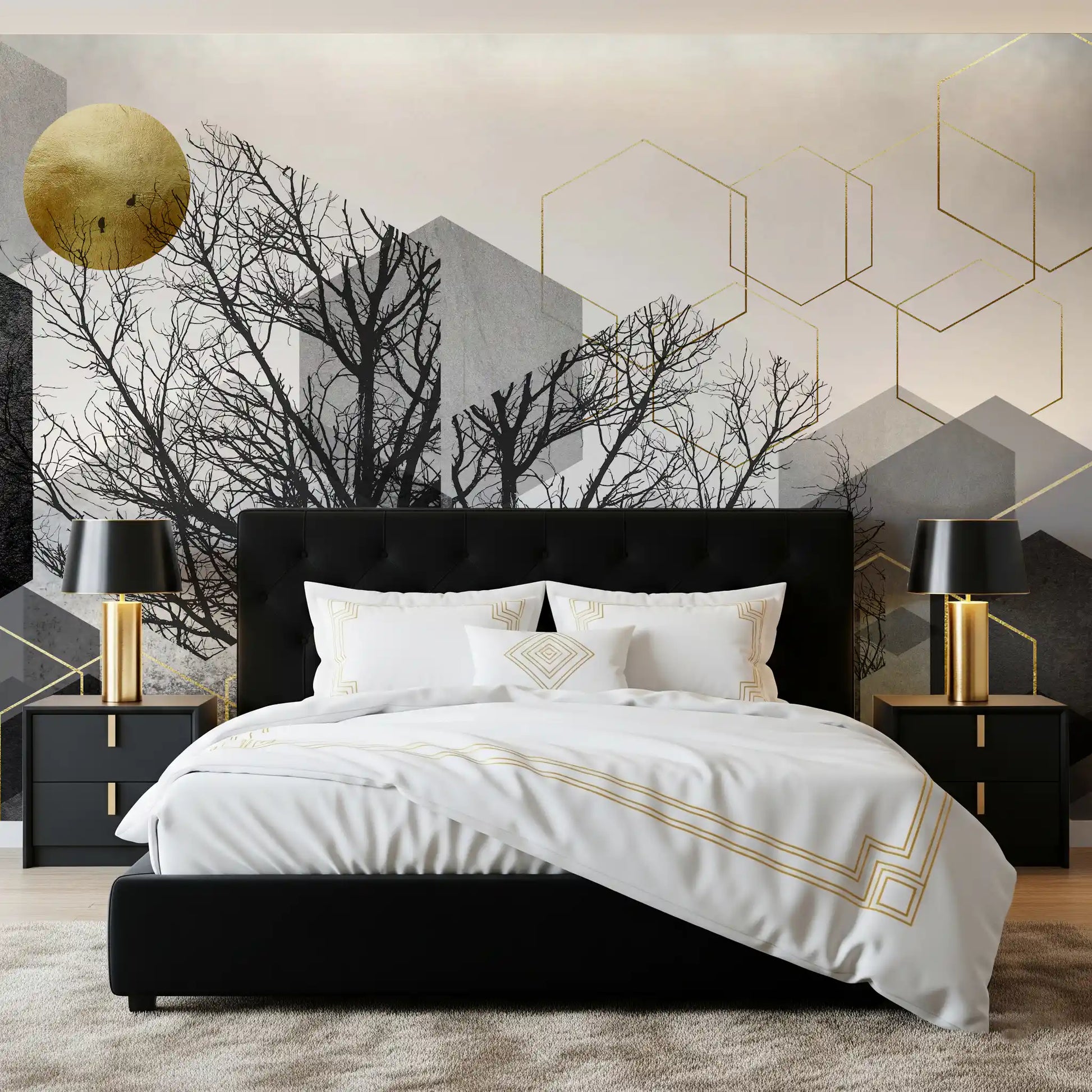 Bedroom Urban Forest Silhouette Wall Mural showing dark branches and gold accents