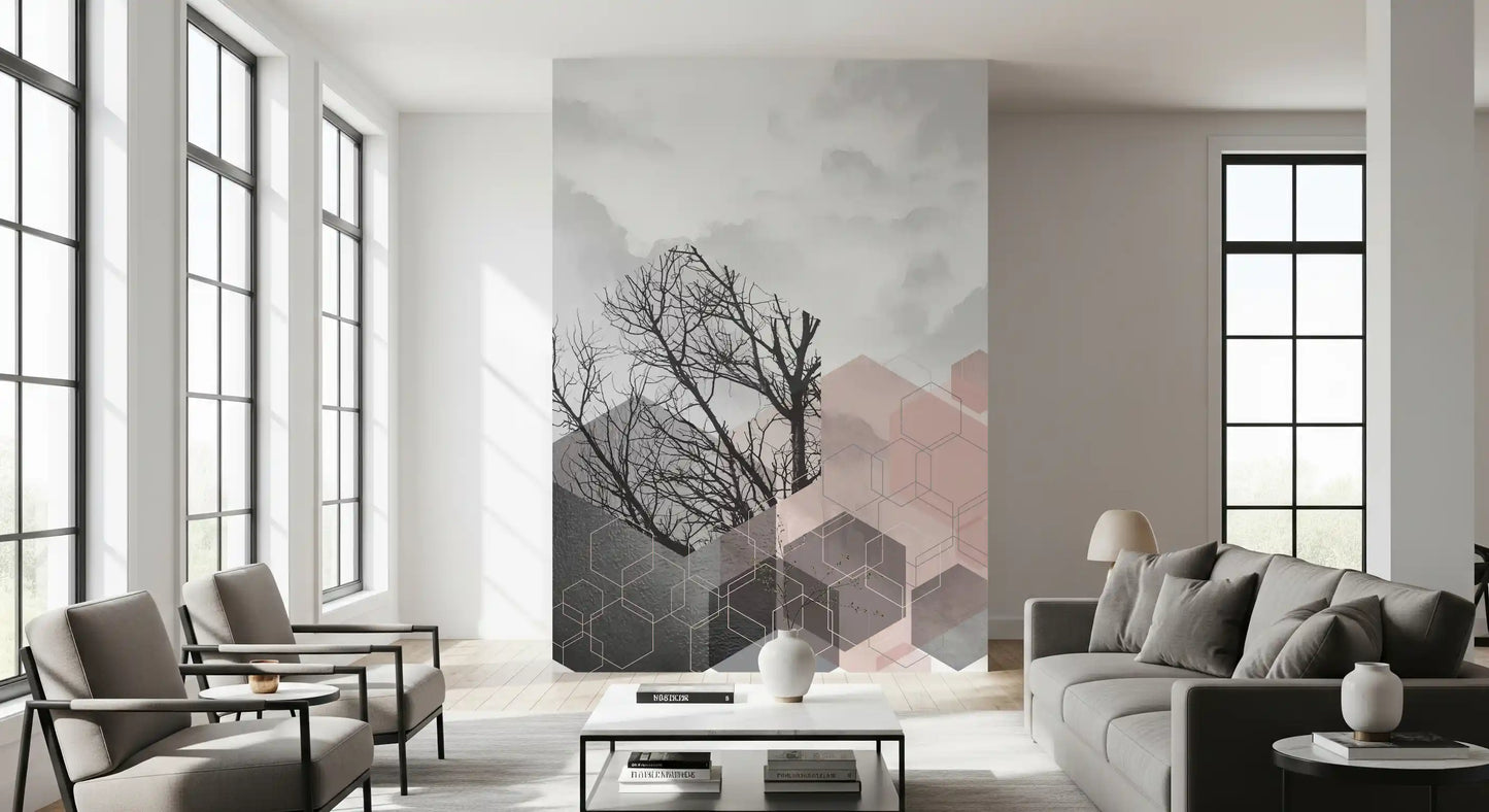 Living room Forest Wall Mural featuring blush blocks and gray texture