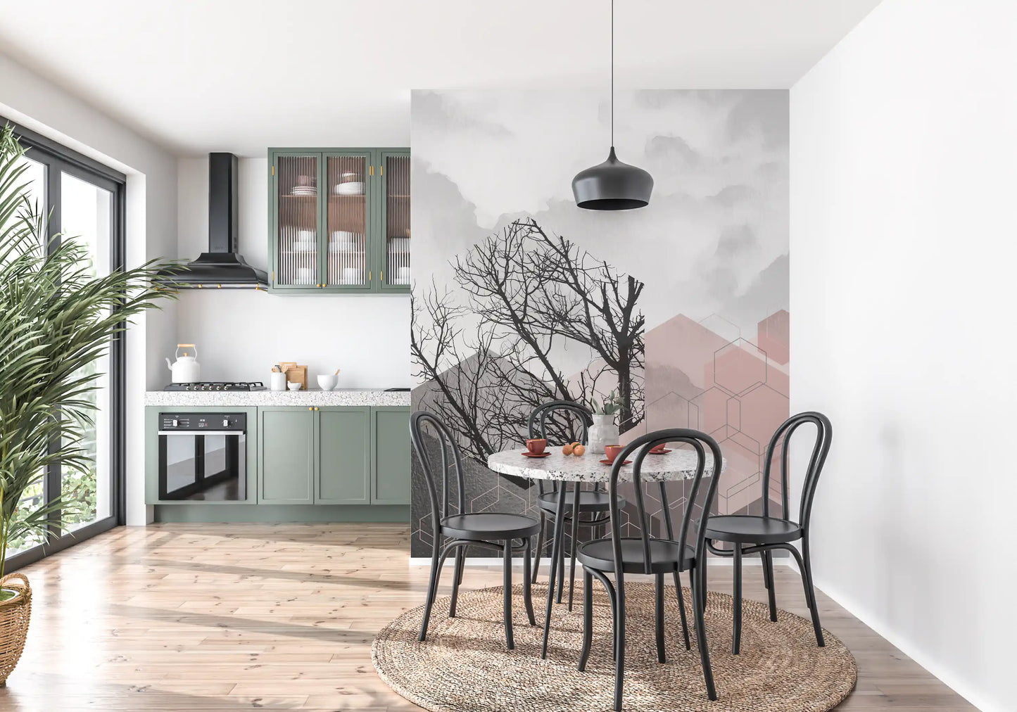 Dining room Blush Geometric mural with tree silhouettes and cube outlines