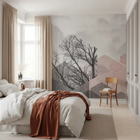 Forest branch wall mural with blush accents, cube outlines, and white space