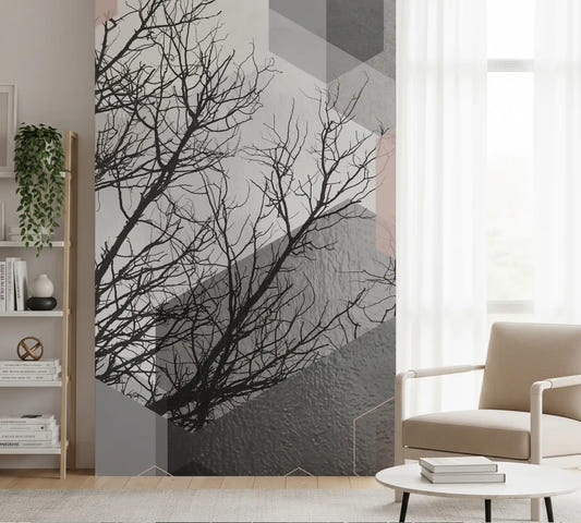 Hallway Blush Horizon wall mural with Geometric Forest branches and blush shapes