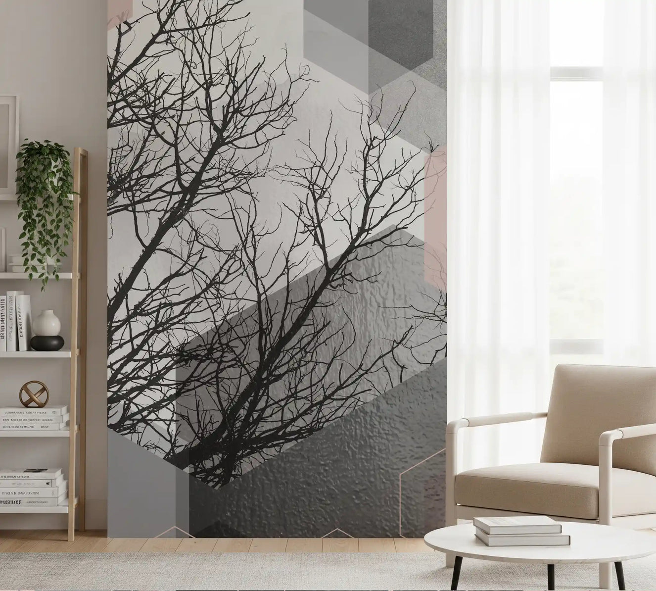 Hallway Blush Horizon wall mural with Geometric Forest branches and blush shapes