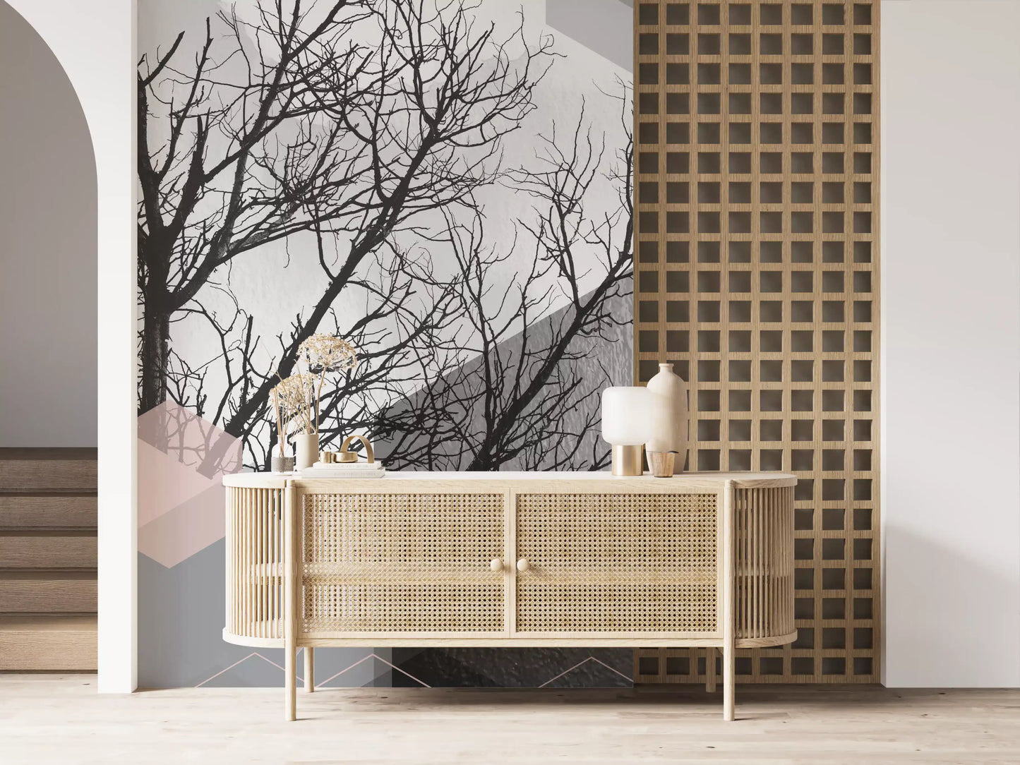 Study room Blush Horizon mural with Geometric Forest blocks and neutral tones