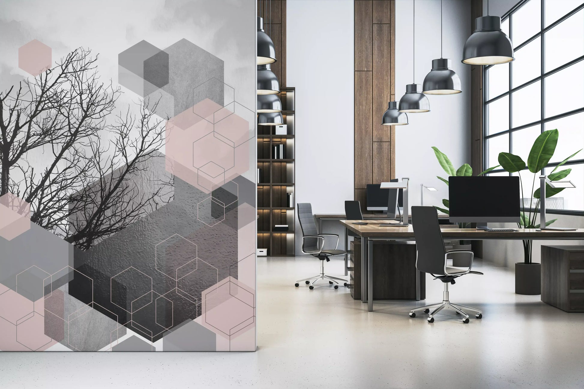 Office area Blush Horizon wall mural with Forest Wall Mural detail and soft pink forms